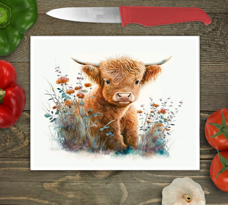 Highland Cow Large Glass Chopping Board, Highland Cow Worktop